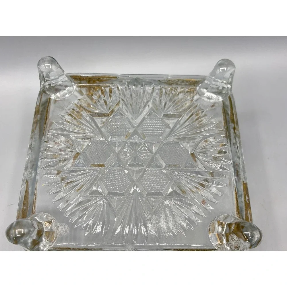 Vintage Crystal Glass Candy Dish‎ Footed Gold Gilt Floral Etched Decor